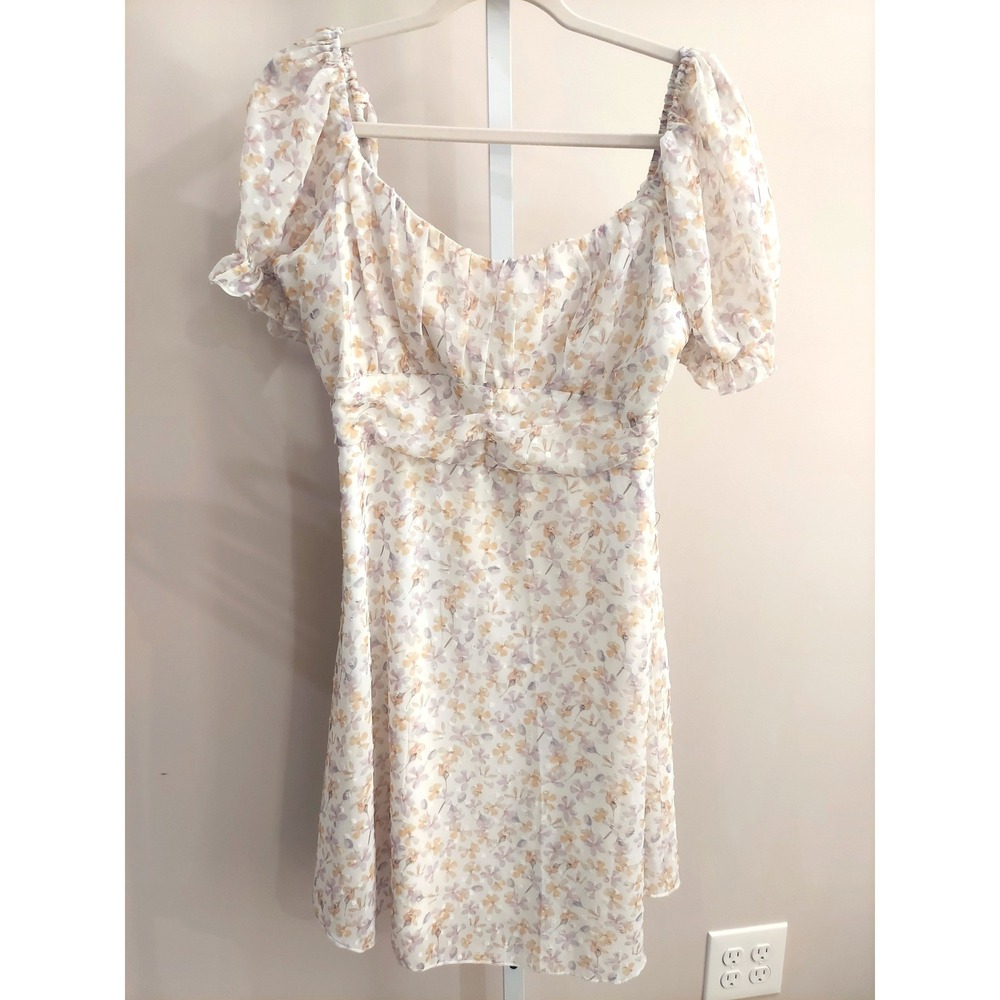 Simplee Floral Puff Sleeve Mini Dress Sweetheart Neck Cottagecore Fairy Brunch